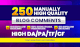 do 250 dofollow blog comments backlinks with high da pa