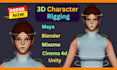 do 3d character rigging in maya, cinema 4d, blender, mixamo, unity