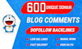 do 600 unique domain blog comment dofollow SEO backlinks on high da