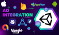 integrate admob, applovin, unity ads, firebase in unity 2d 3d game development
