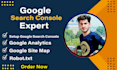 configure google search console, analytics and submit XML sitemap, robotstxt