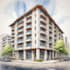 sketch architecture building with watercolor rendering
