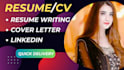 write professional resume, CV, cover letter and linkedin