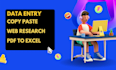 do fast data entry, web research, copy paste, excel data entry, pdf to excel