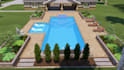 design landscape, backyard, pool, garden, deck, and patio