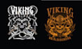 make helmet skull viking with axe logo design vector