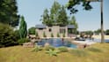 design swimming pool, backyard, patio, garden, realistic 3d design