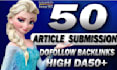 create 50 article submission contextual backlinks da50