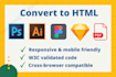 convert PSD to HTML CSS responsive, figma to HTML, pdf to html using bootstrap