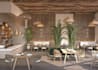 render 2d floor plan to modern desert resort restaurant, cgi cafe interior decor