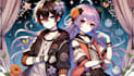 draw anime cute character, couple , oc background