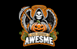 do awesome angel death halloween  pumpkin  grim reaper mascot logo design