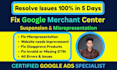 fix google merchant center suspension and misrepresentation