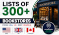 provide lists of 300 bookstores from USA, UK, and canada
