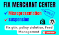 fix google merchant center suspension, misrepresentation