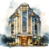 sketch architecture building with watercolor rendering