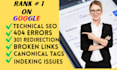 fix 404 error, broken links, redirects, canonical and schema issues