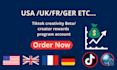 create USA, UK, ger, fr tiktok account with creativity program beta