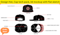 design hat, cap tech pack with 3d mockup and flat sketch