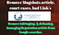 permanently remove article, court cases, defaming, mugshot from google searches