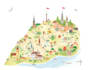 custom watercolor map illustration with landmarks, wedding