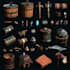 illustrate 2d game UI assets, objects, props, button design