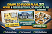 draw 2d floor plan, 3d model and render exterior, 3d floor plan drawing
