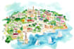 custom watercolor map illustration with landmarks, wedding