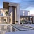 luxury house exterior design, gazebo, facade, elevation, lighting, pool, carpark