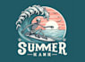 create hand drawn summer skeleton surfing wave logo