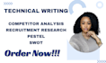 conduct market research, swot analysis, and competitor analysis
