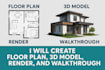 create combo, floor plan, 3d model, renders and walkthrough