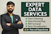 data cleaning, data formatting, data visualisation,