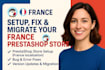 setup france prestashop, fix prestashop bug error, update and migrate to shopify