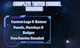 full twitch channel setup with logo, banner, panels, overlays and  emotes