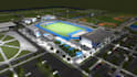 design a realistic 3d football academy with training fields, dorms, and plan