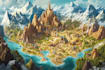 make cartoon fantasy map illustration, doodle hand drawn