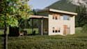 recreate 3d tiny house, wood frame exterior,d5 render,cozy bedroom, modular home