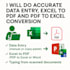 do accurate data entry, excel to PDF and PDF to excel conversion