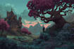 draw isometric fantasy landscape illustration in 2d