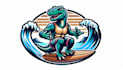 make unique dinosaur surfing logo with t  shirt concept