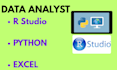 expertly do data analysis and vizualization in python, rstudio, excel ,