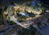 redesign 3d commercial complex,urban park,retail store rendering,rooftop garden