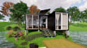 rebuild 3d shipping container house,prefab exterior,lakeside design,cgi render