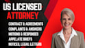 draft complaint, motion, petition, answer, appeal, brief, memo, contract, notice