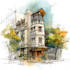 sketch architecture building with watercolor rendering