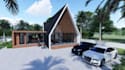 render modern rustic exterior,frame cabin house,modular sauna design,walkthrough
