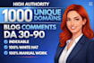 do 1000 unique domain high da DR SEO dofollow indexable blog comment backlinks