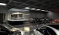 visualize 3d car show room, parking lot render, open space render, mechanic shop