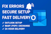 fix outlook email errors and setup secure imap, pop3, exchange